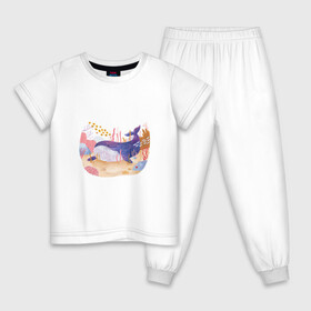 Детская пижама хлопок с принтом Отдыхающий кит в Курске, 100% хлопок |  брюки и футболка прямого кроя, без карманов, на брюках мягкая резинка на поясе и по низу штанин
 | Тематика изображения на принте: арт | звезда | кит | кораллы | море | морская звезда | океан | песок | природа | рисунок | рыба | рыбки | рыбы | синий кит