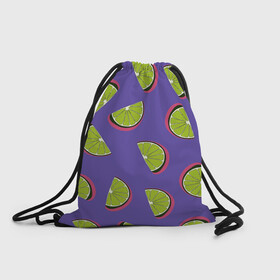 Рюкзак-мешок 3D с принтом Лаймы в Курске, 100% полиэстер | плотность ткани — 200 г/м2, размер — 35 х 45 см; лямки — толстые шнурки, застежка на шнуровке, без карманов и подкладки | зелёная | лайм | фиолетовая | фрукты | цитрус