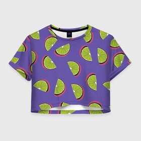 Женская футболка Crop-top 3D с принтом Лаймы в Курске, 100% полиэстер | круглая горловина, длина футболки до линии талии, рукава с отворотами | зелёная | лайм | фиолетовая | фрукты | цитрус