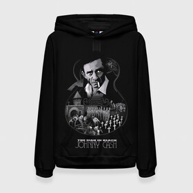 Женская толстовка 3D с принтом JOHNNY CASH в Курске, 100% полиэстер  | двухслойный капюшон со шнурком для регулировки, мягкие манжеты на рукавах и по низу толстовки, спереди карман-кенгуру с мягким внутренним слоем. | black | blues | cash | dark | guitar | johnny | man | rock | usa | блюз | гитара | джони | джонни | кэш | музыка | разное | рок | сша | человек | черный