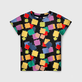 Детская футболка 3D с принтом Заплатки на черном фоне  в Курске, 100% гипоаллергенный полиэфир | прямой крой, круглый вырез горловины, длина до линии бедер, чуть спущенное плечо, ткань немного тянется | веселый | детский | заплатки | модный | национальный | пэчворк | разноцветный | ретро | фольклор