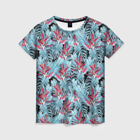 Женская футболка 3D с принтом Розово-голубой тропический  в Курске, 100% полиэфир ( синтетическое хлопкоподобное полотно) | прямой крой, круглый вырез горловины, длина до линии бедер | листья | листья монстеры | монстера | папоротник | пляжный | тропический | цветочный