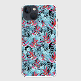 Чехол для iPhone 13 с принтом Розово голубой тропический в Курске,  |  | Тематика изображения на принте: листья | листья монстеры | монстера | папоротник | пляжный | тропический | цветочный