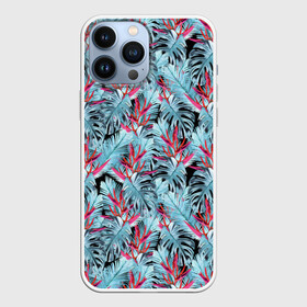 Чехол для iPhone 13 Pro Max с принтом Розово голубой тропический в Курске,  |  | Тематика изображения на принте: листья | листья монстеры | монстера | папоротник | пляжный | тропический | цветочный