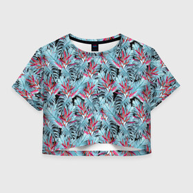 Женская футболка Crop-top 3D с принтом Розово-голубой тропический  в Курске, 100% полиэстер | круглая горловина, длина футболки до линии талии, рукава с отворотами | листья | листья монстеры | монстера | папоротник | пляжный | тропический | цветочный
