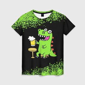 Женская футболка 3D с принтом Пивозавр - Краска в Курске, 100% полиэфир ( синтетическое хлопкоподобное полотно) | прямой крой, круглый вырез горловины, длина до линии бедер | dinosaur | pivo | pivozavr | динозавр | краска | прикол | спрей