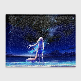 Обложка для студенческого билета с принтом Animegirl Night Sea в Курске, натуральная кожа | Размер: 11*8 см; Печать на всей внешней стороне | аниме девушка | градиент | девочка | звезды | луна | море | на каждый день | небо | облака | океан | персонаж | синее | синий