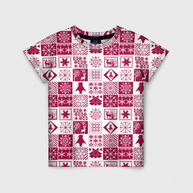 Детская футболка 3D с принтом Новогодний рождественский узор в Курске, 100% гипоаллергенный полиэфир | прямой крой, круглый вырез горловины, длина до линии бедер, чуть спущенное плечо, ткань немного тянется | белый и красный | зимний | красный | новогодний | пэчворк | рождественский | скандинавский | этнический узор