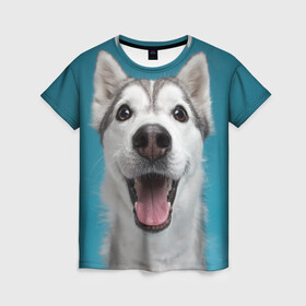 Женская футболка 3D с принтом Хаски в Курске, 100% полиэфир ( синтетическое хлопкоподобное полотно) | прямой крой, круглый вырез горловины, длина до линии бедер | dog | дог | домашние животные | звери | сибирский хаски | собака | собаки | хаски