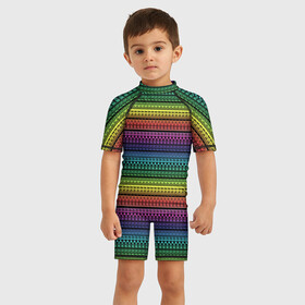 Детский купальный костюм 3D с принтом Этнический радужный орнамент в Курске, Полиэстер 85%, Спандекс 15% | застежка на молнии на спине | ажурный | желтый | красный | неоновый | орнамент | полосатый | популярный | радуга | разноцветный | современный | фиолетовый | этнический