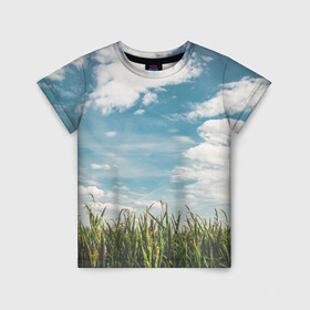 Детская футболка 3D с принтом Небушко и полюшко в Курске, 100% гипоаллергенный полиэфир | прямой крой, круглый вырез горловины, длина до линии бедер, чуть спущенное плечо, ткань немного тянется | небо | облака | пейзаж | поле | русский | славянский | фотопринт