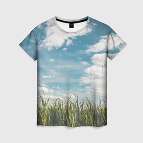 Женская футболка 3D с принтом Небушко и полюшко в Курске, 100% полиэфир ( синтетическое хлопкоподобное полотно) | прямой крой, круглый вырез горловины, длина до линии бедер | небо | облака | пейзаж | поле | русский | славянский | фотопринт