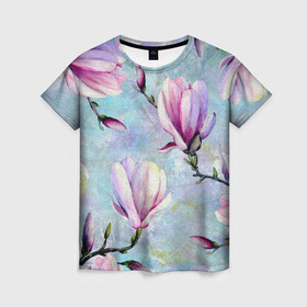 Женская футболка 3D с принтом Живописная магнолия в Курске, 100% полиэфир ( синтетическое хлопкоподобное полотно) | прямой крой, круглый вырез горловины, длина до линии бедер | бутоны | весна | живописный | живопись | картина | крупные цветы | магнолия | небесный | нежные | холст | художественный | цветочки | цветочный | цветы