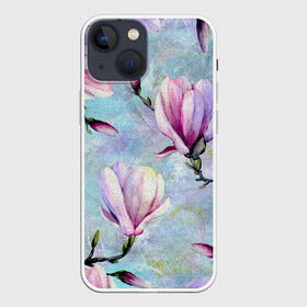 Чехол для iPhone 13 mini с принтом Живописная магнолия в Курске,  |  | бутоны | весна | живописный | живопись | картина | крупные цветы | магнолия | небесный | нежные | холст | художественный | цветочки | цветочный | цветы