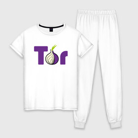 Женская пижама хлопок с принтом ТОР / TOR PROJECT BROWSER в Курске, 100% хлопок | брюки и футболка прямого кроя, без карманов, на брюках мягкая резинка на поясе и по низу штанин | tor browser | torproject | анонимность | анонимный браузер | взлом | даркнет | зеркала | луковица | тор браузер | хакер | черный интернет.