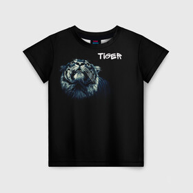 Детская футболка 3D с принтом Тигр в Курске, 100% гипоаллергенный полиэфир | прямой крой, круглый вырез горловины, длина до линии бедер, чуть спущенное плечо, ткань немного тянется | дикие животные | надпись | синий | тигр