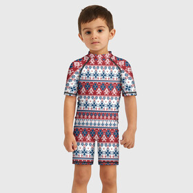 Детский купальный костюм 3D с принтом Этнический красно синий узор в Курске, Полиэстер 85%, Спандекс 15% | застежка на молнии на спине | красный и синий | молодежный | новогодний | орнамент | полосатый | популярный | рождественский | этнический