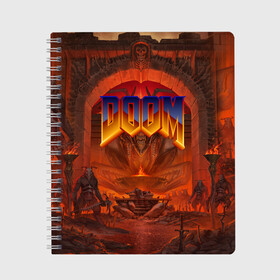 Тетрадь с принтом DOOM | ДУМ (Z) в Курске, 100% бумага | 48 листов, плотность листов — 60 г/м2, плотность картонной обложки — 250 г/м2. Листы скреплены сбоку удобной пружинной спиралью. Уголки страниц и обложки скругленные. Цвет линий — светло-серый
 | demons | devil | doom | doom eternal | doom slayer | hell | slayer | ад | вега | демоны | дум | икона греха | какодемон | манкубус | солдат рока | элементаль боли