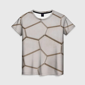 Женская футболка 3D с принтом Ячейки в Курске, 100% полиэфир ( синтетическое хлопкоподобное полотно) | прямой крой, круглый вырез горловины, длина до линии бедер | 3d | бежевый | бетон | плиты | серый | соты | спокойный | структура | текстура | ячеистый