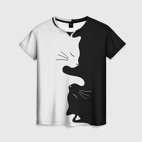 Женская футболка 3D с принтом Коты инь янь в Курске, 100% полиэфир ( синтетическое хлопкоподобное полотно) | прямой крой, круглый вырез горловины, длина до линии бедер | cat | домашние животные | звери | инь и янь | инь янь | кот | коты | кошка | кошки | черно белое | чернобелое | черное и белое