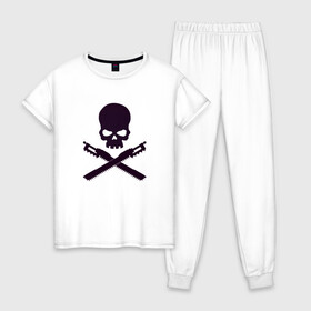 Женская пижама хлопок с принтом Warhammer Roger в Курске, 100% хлопок | брюки и футболка прямого кроя, без карманов, на брюках мягкая резинка на поясе и по низу штанин | chainsword | jolly roger | pirate | skull | warhammer | вархаммер | пиломеч | пиратский флаг | череп