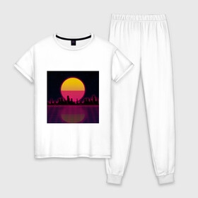 Женская пижама хлопок с принтом Neon City в Курске, 100% хлопок | брюки и футболка прямого кроя, без карманов, на брюках мягкая резинка на поясе и по низу штанин | city | neon | retrowave | sunset | город | закат | неон | ретровейв