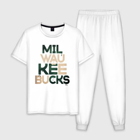 Мужская пижама хлопок с принтом Milwaukee Bucks в Курске, 100% хлопок | брюки и футболка прямого кроя, без карманов, на брюках мягкая резинка на поясе и по низу штанин
 | Тематика изображения на принте: antetokounmpo | basketball | bucks | giannis | milwaukee | mvp | nba | sport | streetball | адетокумбо | бакс | баскетбол | игра | милуоки | мяч | нба | олень | спорт | стритбол | тренер | чемпион | янис