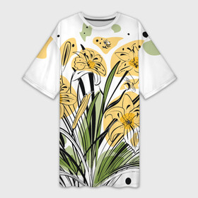 Платье-футболка 3D с принтом лилейник в Курске,  |  | Тематика изображения на принте: букет | для девушки | желтый и зеленый | лето | лилейник | лилии | цветочный | цветы