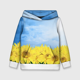 Детская толстовка 3D с принтом Подсолнухи в Курске, 100% полиэстер | двухслойный капюшон со шнурком для регулировки, мягкие манжеты на рукавах и по низу толстовки, спереди карман-кенгуру с мягким внутренним слоем | Тематика изображения на принте: flowers | sky | summer | sunflowers | лето | небо | подсолнухи | цветы
