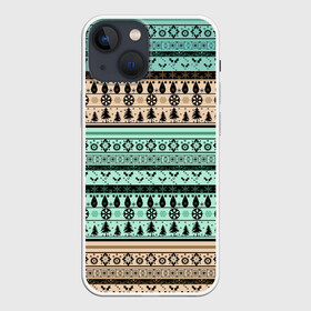 Чехол для iPhone 13 mini с принтом Новогодний зимний орнамент в Курске,  |  | бирюзовые полосы | коричневый и бирюзовый | орнамент | полосы | рождественский | скандинавский узор | этнический
