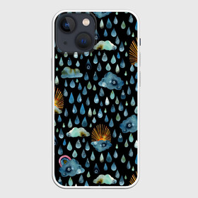 Чехол для iPhone 13 mini с принтом Дождливая осень.Солнце, облака в Курске,  |  | autumn | pattern | raibow | rain | raindrops | sun | watercolor | акварель | дизайн | дождливый | дождь | закат | капли | коллаж | ливень | морось | непогода | облака | осень | паттерн | погода | природа | радуга | рассвет | солнце