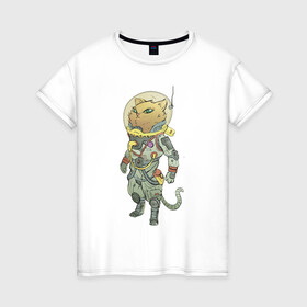 Женская футболка хлопок с принтом Рыжий космонавт в Курске, 100% хлопок | прямой крой, круглый вырез горловины, длина до линии бедер, слегка спущенное плечо | арт | астронавт | военный | военный космонавт | космонавт | космос | кот | котейка | кошка | рисунок | рыжая кошка | рыжий кот | рыжик | скафандр