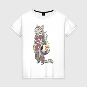 Женская футболка хлопок с принтом К полёту - готов в Курске, 100% хлопок | прямой крой, круглый вырез горловины, длина до линии бедер, слегка спущенное плечо | арт | астронавт | белая кошка | белый кот | космонавт | космос | кот | котейка | кошка | рисунок | скафандр