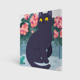 Холст квадратный с принтом Кот, лягушка и клумба в Курске, 100% ПВХ |  | арт | клумба | космос | кот | котейка | кошка | лягушка | рисунок | розовые цветы | розовый цветок | цветы | чёрная кошка | чёрный кот