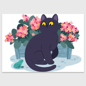Поздравительная открытка с принтом Кот, лягушка и клумба в Курске, 100% бумага | плотность бумаги 280 г/м2, матовая, на обратной стороне линовка и место для марки
 | арт | клумба | космос | кот | котейка | кошка | лягушка | рисунок | розовые цветы | розовый цветок | цветы | чёрная кошка | чёрный кот
