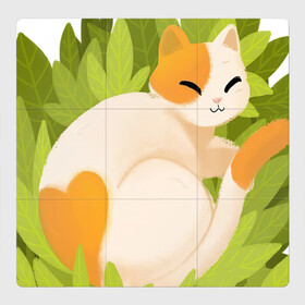 Магнитный плакат 3Х3 с принтом Отдыхающий котя в Курске, Полимерный материал с магнитным слоем | 9 деталей размером 9*9 см | Тематика изображения на принте: арт | белая кошка | белый кот | космос | кот | котейка | кошка | листок | листья | рисунок | рыже белая кошка | рыже белый кот | сердечко | сердце