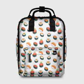Женский рюкзак 3D с принтом Sushi в Курске, 100% полиэстер | лямки с регулируемой длиной, сверху ручки, чтобы рюкзак нести как сумку. Основное отделение закрывается на молнию, как и внешний карман. Внутри два дополнительных кармана, один из которых закрывается на молнию. По бокам два дополнительных кармашка, куда поместится маленькая бутылочка
 | Тематика изображения на принте: sushi | еда | икра | лосось | рис | роллы | рыба | суши