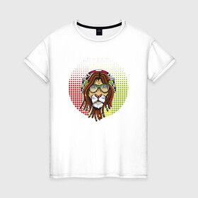 Женская футболка хлопок с принтом Reggae Lion в Курске, 100% хлопок | прямой крой, круглый вырез горловины, длина до линии бедер, слегка спущенное плечо | animal | cat | lion | reggae | африка | животные | зверь | кот | кошка | лев | львенок | львица | музыка | регги | тигр | хищник | царь | ямайка. jamaica