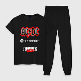 Женская пижама хлопок с принтом AC DC THUNDERSTRUCK SPOTIFY в Курске, 100% хлопок | брюки и футболка прямого кроя, без карманов, на брюках мягкая резинка на поясе и по низу штанин | ac dc | angus young | back in black | brian johnson | hells bells | highway to hell | rock | spotify | thunderstruck | tnt | ангус янг | брайан джонсон | группа | музыка | рок | спотифай. | эйси диси