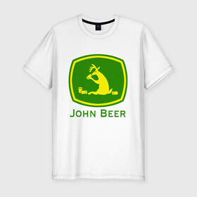 Мужская футболка хлопок Slim с принтом JOHN BEER / ДЖОН ПИВО в Курске, 92% хлопок, 8% лайкра | приталенный силуэт, круглый вырез ворота, длина до линии бедра, короткий рукав | beer | john deer | алкаш | джон бир. | прикол | смешная надпись | цитата | юмор