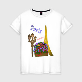 Женская футболка хлопок с принтом Кусочек Парижа в Курске, 100% хлопок | прямой крой, круглый вырез горловины, длина до линии бедер, слегка спущенное плечо | . | велик | велосипед | виласипед | города | любовь | мерцание | надписи | париж | путешествие | романтика | текст | фонарь | франция | цветы | эйфелева башня