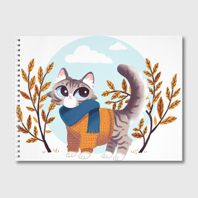 Альбом для рисования с принтом Осенний кот в Курске, 100% бумага
 | матовая бумага, плотность 200 мг. | арт | ветка | веточка | жёлтые листья | жёлтый листок | кот | котейка | кошка | листок | листья | небо | облака | облако | осень | рисунок