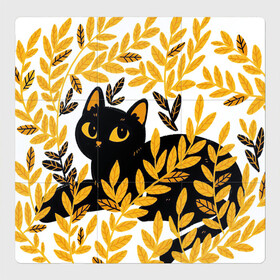 Магнитный плакат 3Х3 с принтом Кот и осень в Курске, Полимерный материал с магнитным слоем | 9 деталей размером 9*9 см | арт | кот | котейка | кошка | осень | пшеница | рисунок | чёрная кошка | чёрный кот | чёрный котик