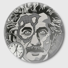 Значок с принтом Альберт Эйнштейн в Курске,  металл | круглая форма, металлическая застежка в виде булавки | Тематика изображения на принте: арт | время | рисунок | учёный | часы | чёрно белый | черно белый рисунок | эйнштейн