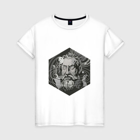 Женская футболка хлопок с принтом Галилео Галилей в Курске, 100% хлопок | прямой крой, круглый вырез горловины, длина до линии бедер, слегка спущенное плечо | арт | астрономия | галилео | галилео галилей | планета | планеты | рисунок | солнечная система | учёный | чёрно белый | черно белый рисунок