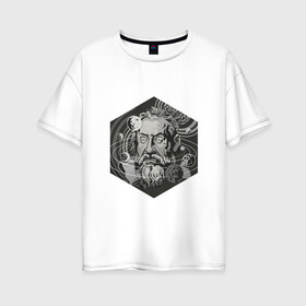 Женская футболка хлопок Oversize с принтом Галилео Галилей в Курске, 100% хлопок | свободный крой, круглый ворот, спущенный рукав, длина до линии бедер
 | арт | астрономия | галилео | галилео галилей | планета | планеты | рисунок | солнечная система | учёный | чёрно белый | черно белый рисунок