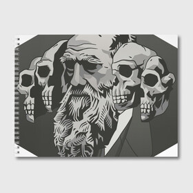 Альбом для рисования с принтом Чарльз Дарвин в Курске, 100% бумага
 | матовая бумага, плотность 200 мг. | арт | дарвин | рисунок | учёный | чарльз дарвин | череп | черепа | чёрно белый | черно белый рисунок | эволюция