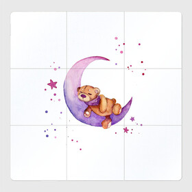 Магнитный плакат 3Х3 с принтом Плюшевый мишка спит на луне в Курске, Полимерный материал с магнитным слоем | 9 деталей размером 9*9 см | bedtime | dream | moon | night | sleep | stars | teddy bear | акварель | акварельный | детский | дизайн | звездный | звезды | игрушка | луна | малыш | малышковый | медведь | милый | мишка | ночь | плюшевый | розовый | сиреневый