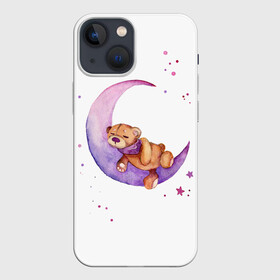 Чехол для iPhone 13 mini с принтом Плюшевый мишка спит на луне в Курске,  |  | bedtime | dream | moon | night | sleep | stars | teddy bear | акварель | акварельный | детский | дизайн | звездный | звезды | игрушка | луна | малыш | малышковый | медведь | милый | мишка | ночь | плюшевый | розовый | сиреневый