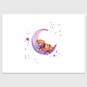 Поздравительная открытка с принтом Плюшевый мишка спит на луне в Курске, 100% бумага | плотность бумаги 280 г/м2, матовая, на обратной стороне линовка и место для марки
 | bedtime | dream | moon | night | sleep | stars | teddy bear | акварель | акварельный | детский | дизайн | звездный | звезды | игрушка | луна | малыш | малышковый | медведь | милый | мишка | ночь | плюшевый | розовый | сиреневый